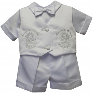 BOYS CHRISTENING SHORT PANTS SUIT W/ VIRGIN ON VEST